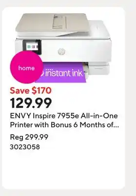 Staples ENVY Inspire 7955e All-in-One Printer with Bonus 6 Months of Instant Ink with HP+ offer