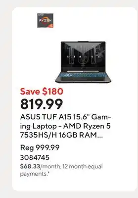Staples ASUS TUF A15 15.6 Gaming Laptop - AMD Ryzen 5 7535HS/H 16GB RAM 512GB SSD Win 11 Home offer