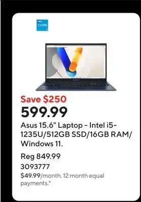 Staples Asus 15.6 Laptop - Intel i5-1235U/512GB SSD/16GB RAM/Windows 11 offer