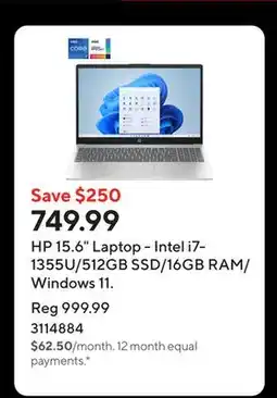 Staples HP 15.6 Laptop - Intel i7-1355U/512GB SSD/16GB RAM/Windows 11 offer
