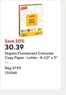 Staples Staples Fluorescent Coloured Copy Paper - Letter - 8-1/2 x 11 - Assorted Colours - Ream offer