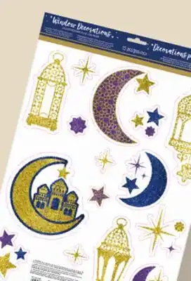 Party City Moon & Stars Wall & Window Cling Decal Decorations, Gold/Blue, 5-in, 15-pk, for Eid offer