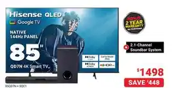 Visions Electronics Hisense 85 QD7N 4K Smart TV + 2.1-Channel Soundbar System offer