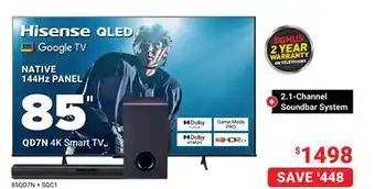 Visions Electronics Hisense 85 QD7N 4K Smart TV + 2.1-Channel Soundbar System offer