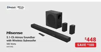 Visions Electronics Hisense 5.1-Ch Atmos Soundbar with Wireless Subwoofer offer
