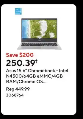 Staples Asus 15.6 Chromebook - Intel N4500/64GB eMMC/4GB RAM/Chrome OS with 3 months of Gemini Advanced offer