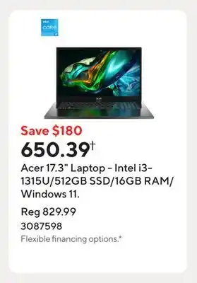 Staples Acer 17.3 Laptop - Intel i3-1315U/512GB SSD/16GB RAM/Windows 11 offer