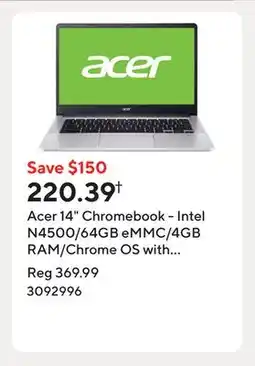 Staples Acer 14 Chromebook - Intel N4500/64GB eMMC/4GB RAM/Chrome OS with 3 months of Gemini Advanced offer