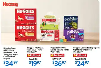 Walmart Huggies snug & dry, little movers or little snugglers mega colossal pack diapers offer