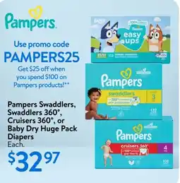 Walmart Pampers Swaddlers, Swaddlers 360°, Cruisers 360°, or Baby Dry Huge Pack Diapers offer