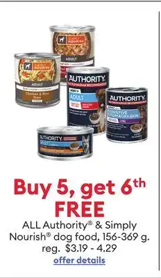 Petsmart Buy 5, get 6th FREE ALL Authority & Simply Nourish dog food, 156-369 g offer