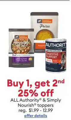 Petsmart Buy 1, get 2nd 25% off ALL Authority & Simply Nourish toppers offer
