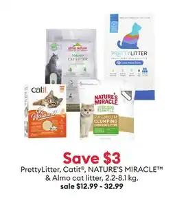Petsmart Save $3 PrettyLitter, Catit , NATURE'S MIRACLE & Almo cat litter, 2.2-8.1 kg offer