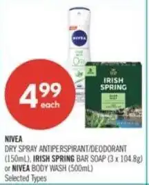 Shoppers Drug Mart Nivea dry spray antiperspirant/deodorant, irish spring bar soap or nivea body wash offer