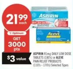 Shoppers Drug Mart Aspirin daily low dose tablets or aleve pain relief offer