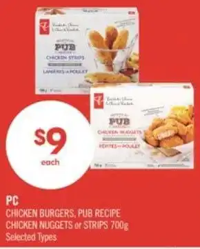 Shoppers Drug Mart PC chicken burgers, pub recipe chicken nuggets or strips offer