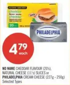 Shoppers Drug Mart No name cheddar flavour, natural cheese slices or philadelphia cream cheese offer