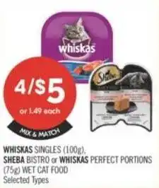 Shoppers Drug Mart Whiskas singles, sheba bistro or whiskas perfect portions wet cat food offer