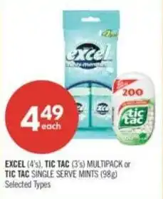Shoppers Drug Mart Excel, tic tac multipack or tic tac single serve mints offer