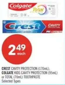 Shoppers Drug Mart Crest cavity protection, colgate kids cavity protection (95ml.) or total toothpaste offer