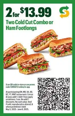 Subway Two Cold Cut Combo or Ham Footlongs offer