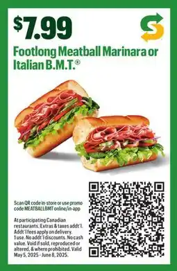 Subway Footlong Meatball Marinara or Italian B.M.T offer