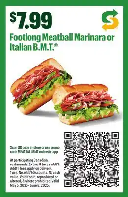 Subway Footlong Meatball Marinara or Italian B.M.T offer