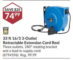 Princess Auto 33 ft 16/3 3-Outlet Retractable Extension Cord Reel offer