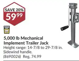 Princess Auto 5, 000 lb Mechanical Implement Trailer Jack offer