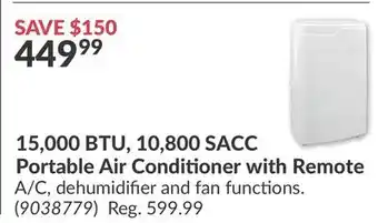 Princess Auto 15,000 BTU, 10, 800 SACC Portable Air Conditioner with Remote offer