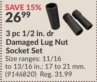 Princess Auto 3 pc 1/2 in. dr Damaged Lug Nut Socket Set offer