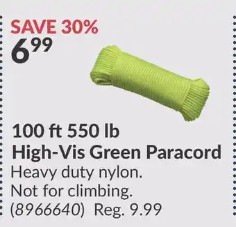 Princess Auto 100 ft550 lb High-Vis Green Paracord offer