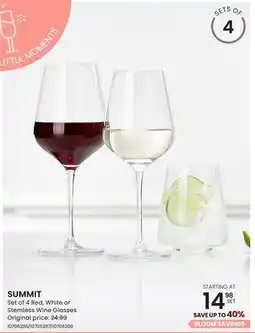 Stokes SUMMIT Set of 4 Red, White or Stemless Wine Glasses offer