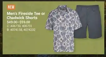 Cabela's Men's Fireside Tee or Chadwick Shorts offer