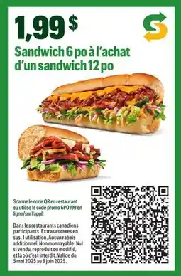 Subway Sandwich 6po à l'achat d'un sandwich 12 po offer