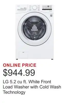 Costco LG 5.2 cu ft. White Front Load Washer with Cold Wash Technology offer
