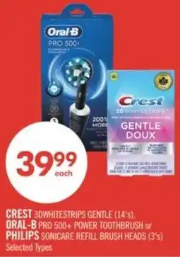 Shoppers Drug Mart Crest 3Dwhitestrips gentle  oral-b pro 500+ power toothbrush or philips sonicare refill brush heads offer