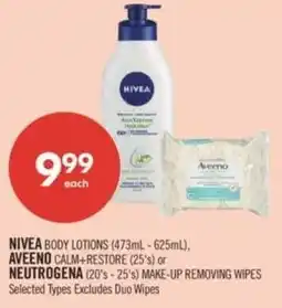 Shoppers Drug Mart Nivea body lotions, aveeno calm + restore or neutrogena make-up removing offer