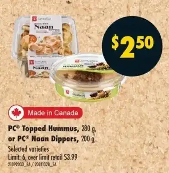 No Frills PC topped hummus or PC naan dippers offer