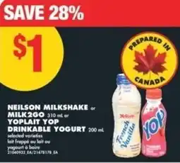 No Frills Neilson milkshake or milk2go or yoplait yop drinkable yogurt offer