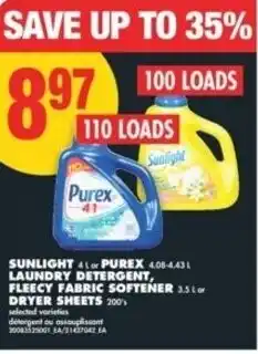 No Frills Sunlight purex laundry detergent, fleecy fabric softener or dryer sheets offer