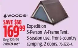 Canadian Tire Expedition 3-Person A-Frame Tent. 3-season use. Front-country camping. 2 doors offer