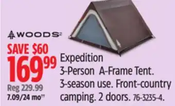 Canadian Tire Expedition 3-Person A-Frame Tent. 3-season use. Front-country camping. 2 doors offer