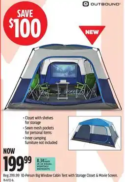 Canadian Tire Outbound 10 Person Big Window Cabin Tent with Storage Closet & Movie Screen offer