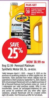 Canadian Tire Pennzoil Platinum Synthetic Motor Oil offer