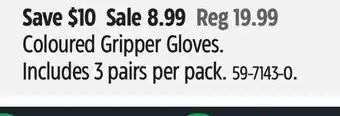 Canadian Tire yardworks Coloured Gripper Gloves. Includes 3 pairs per pack offer