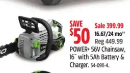Canadian Tire EGO POWER+ 56V Brushless Cordless 16-in Chain Saw with (1) 5.0Ah Battery and Charger offer