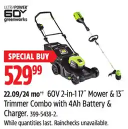 Canadian Tire Greenworks 2-in-1 60V 4Ah Battery, Cordless Push Lawn Mower + String Trimmer offer