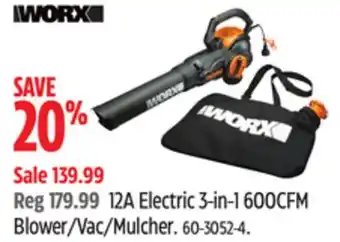 Canadian Tire Worx 12A Electric 3-in-1 600CFM Blower/Vac/Mulcher offer