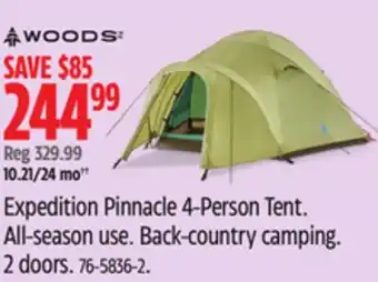 Canadian Tire Woods Expedition Pinnacle 4-Person Tent. All-season use. Back-country camping offer
